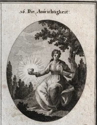 Alegoría de la sinceridad sosteniendo una paloma contra su pecho y presentando un corazón radiante. Grabado en “Iconologie oder Ideen aus dem Gebiete der Leidenschaften und Allegorien bildich dargestellt fur Zeichner, Mahler, Dichter, Gelehrte, Erzieher un