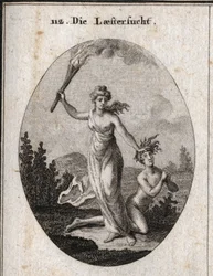 Alegoría de la calumnia sosteniendo una antorcha encendida y arrastrando sin piedad a un adolescente desnudo que junta las manos y mira al cielo. Grabado en “Iconologie oder Ideen aus dem Gebiete der Leidenschaften und Allegorien bildich dargestellt fur Ze