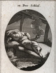 Alegoría del sueño sobre una cama de ébano junto a la cual fluye un arroyo. Sostiene un cono negro y pulido del que sale un vapor que significa sueños. Grabado en «Iconologie oder Ideen aus dem Gebiete der Leidenschaften und Allegorien bildlich