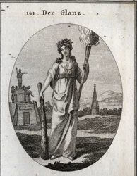 Alegoría del esplendor. El garrote en el que se apoya es el símbolo de las virtudes. La cadena y la medalla de oro son la recompensa. La antorcha encendida es luz para las bellas acciones. Grabado en “Iconologie oder Ideen aus dem Gebiete der Leidenschafte