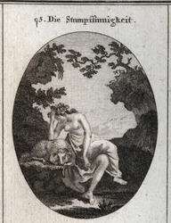 Alegoría de la estupidez. Está apoyada en una oveja, animal naturalmente estúpido. Grabado en Iconologie oder Ideen aus dem Gebiete der Leidenschaften und Allegorien bildich dargestellt fur Zeichner, Mahler, Dichter, Gelehrte, Erzieher und freunde Hoherer 