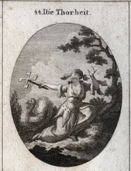 Alegoría de la estupidez personificada por una mujer ridícula que sostiene un carrete de cartas que gira con el viento y se ríe de lo que se ríe. Grabado en "Iconologie oder Ideen aus dem Gebiete der Leidenschaften und Allegorien bildich dargestellt fur Ze