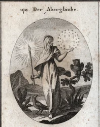 Alegoría de la superstición. Ella sostiene una vela encendida y un círculo de estrellas que rodea los signos de los siete planetas que considera ansiosos. Sus atributos son el búho y el cuervo. Grabado en “Iconologie oder Ideen aus dem Gebiete der Leidensc
