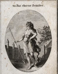 Alegoría de la Edad del Cobre representada como un centinela cerca de una cerca en una actitud orgullosa, armado con un corselete y una jabalina y un gorro de piel de león. Grabado en “Iconologie oder Ideen aus dem Gebiete der Leidenschaften und Allegorien