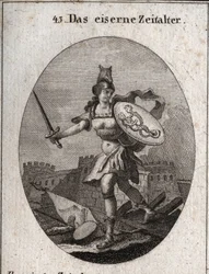Alegoría de la Edad de Hierro caracterizada por la violencia, la mala fe y la traición. De apariencia feroz, está armada con un casco en la cabeza de un lobo, sostiene una espada y un escudo donde se representan el fraude y el vicio (sirena y serpiente con
