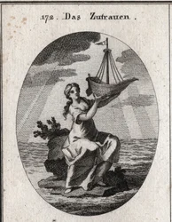 Alegoría de la confianza representada por una mujer sentada en un lugar en medio del mar y sosteniendo en su mano un barco que ha levantado. Grabado en “Iconologie oder Ideen aus dem Gebiete der Leidenschaften und Allegorien bildich dargestellt fur Zeichne