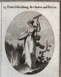 Alegoría de la distinción entre el bien y el mal. El tamiz separa el buen grano de la paja y el rastrillo se usa para quitar las malas hierbas. Grabado en “Iconologie oder Ideen aus dem Gebiete der Leidenschaften und Allegorien bildich dargestellt fur Zeic