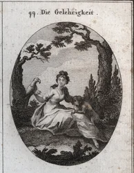 Alegoría de la docilidad. Sus atributos son el periquito y el perrito debido a su obediencia y deseo de agradar. Grabado en "Iconologie oder Ideen aus dem Gebiete der Leidenschaften und Allegorien bildich dargestellt fur Zeichner, Mahler, Dichter, Gelehrte