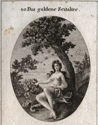 Alegoría de la edad de oro representada con un cuerno de abundancia de frutas, sentado junto a un olivo símbolo de paz en medio del cual hay un enjambre de abejas. Grabado en “Iconologie oder Ideen aus dem Gebiete der Leidenschaften und Allegorien bildich