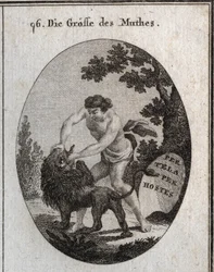 Alegoría de la grandeza del coraje representada por un hombre robusto que abre la boca de un león para arrancarle la lengua. Su atributo es un escudo en el que está inscrito “Per tela, per hostes” (Por armas, a través del enemigo). Grabado en “Iconologie o
