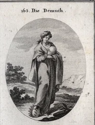 Alegoría de la humildad. Bajo su pie, una corona de oro enriquecida con piedras preciosas. Ella desdén considera una bola que representa la tierra de la cual ella pierde la grandeza. Grabado en "Iconologie oder Ideen aus dem Gebiete der Leidenschaften und 