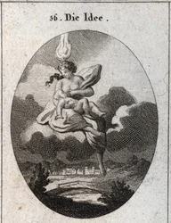 Alegoría de la idea representada con una llama en la cabeza y un círculo dorado en la frente, amamantando a un niño. Grabado en "Iconologie oder Ideen aus dem Gebiete der Leidenschaften und Allegorien bildich dargestellt fur Zeichner, Mahler, Dichter, Gele