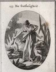 Alegoría de la impiedad sosteniendo una antorcha con la que quema un pelícano en su nido con sus crías. Su atributo es el hipopótamo. Grabado en “Iconologie oder Ideen aus dem Gebiete der Leidenschaften und Allegorien bildich dargestellt fur Zeichner, Mahl