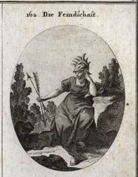 Alegoría de la enemistad con un casco adornado con puntas de hierro. Su vestido está cubierto de llamas. Las dos flechas que sostiene en direcciones opuestas son sinónimo de contradicción. Grabado en “Iconologie oder Ideen aus dem Gebiete der Leidenschafte