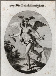 Alegoría de la luz. Tiene alas en su cabeza, hombros, pies y manos. Grabado en "Iconologie oder Ideen aus dem Gebiete der Leidenschaften und Allegorien bildich dargestellt fur Zeichner, Mahler, Dichter, Gelehrte, Erzieher und freunde Hoherer Geschmacksbild