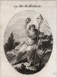 Alegoría de la lealtad (o sinceridad) arrojando una máscara que es el atributo de la falsedad y la mentira. Su emblema es una linterna de cristal, símbolo del relámpago. Un corazón está dibujado en su pecho. Grabado en “Iconologie oder Ideen aus dem Gebiet