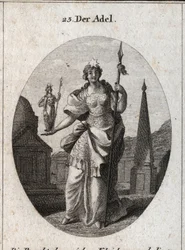 Alegoría de la nobleza. La estrella significa la elevación de los sentimientos. La estatua de Minerva y la lanza marcan que puede adquirir el mérito en ciencia y armas. Grabado en 
