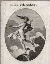Alegoría de la ocasión. Con alas en los pies y cabello hacia adelante, se apoya ligeramente en una rueda. Grabado en “Iconologie oder Ideen aus dem Gebiete der Leidenschaften und Allegorien bildich dargestellt fur Zeichner, Mahler, Dichter, Gelehrte, Erzie
