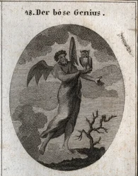 Alegoría del genio opuesto representado por un mal genio con alas de murciélago y sosteniendo un búho, ave de mal augurio. Grabado en "Iconologie oder Ideen aus dem Gebiete der Leidenschaften und Allegorien bildich dargestellt fur Zeichner, Mahler, Dichter