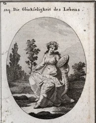 Alegoría de la prosperidad de la vida. ricamente vestida y coronada con uvas y atributos de riqueza y abundancia. La rama de roble llena de hojas y frutos significa salud pero también solidez e incorruptibilidad. Grabado en “Iconologie oder Ideen aus dem G