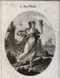 Alegoría de la diligencia representada caminando rápido. Sus atributos son el reloj de arena y la espuela símbolo de actividad y precisión. Grabado en "Iconologie oder Ideen aus dem Gebiete der Leidenschaften und Allegorien bildich dargestellt fur Zeichner