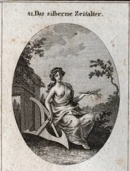 Alegoría de la edad de plata con un mango de espigas para cultivar la tierra y madera para hacer chozas. Grabado en Iconologie oder Ideen aus dem Gebiete der Leidenschaften und Allegorien bildich dargestellt fur Zeichner, Mahler, Dichter, Gelehrte, Erziehe