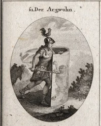 Alegoría de la sospecha cortada detrás de un escudo en el que se encuentra un león, símbolo de la sospecha según Aristóteles, y un gallo en el casco que representa la vigilancia. Grabado en "Iconologie oder Ideen aus dem Gebiete der Leidenschaften und Alle