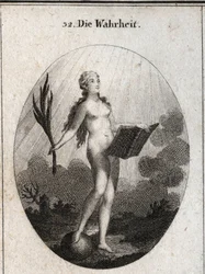 Alegoría de la verdad representada desnuda sin artificios y con aspecto natural mirando la luz del sol. La palma simboliza el triunfo del fraude y el libro representa el estudio. Grabado en “Iconologie oder Ideen aus dem Gebiete der Leidenschaften und Alle