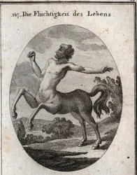 Alegoría de la velocidad de la vida humana representada por un centauro. Grabado en "Iconologie oder Ideen aus dem Gebiete der Leidenschaften und Allegorien bildich dargestellt fur Zeichner, Mahler, Dichter, Gelehrte, Erzieher und freunde Hoherer Geschmack
