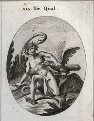 Alegoría del tormento. Su cabeza rodeada de espinas significa tormentos de la mente. La serpiente dice que el miedo al peligro lo hace más formidable. Un buitre come su corazón. Grabado en 