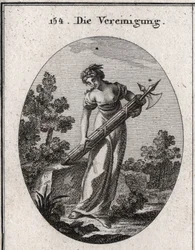Alegoría de la unión. Coronada con olivo símbolo de paz, y alegría representando la alegría. Fluye sobre un montón de palos fuertemente atados sin doblar la imagen de fuerza y unión. Grabado en "Iconologie oder Ideen aus dem Gebiete der Leidenschaften und 