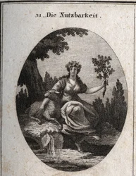 Alegoría de la utilidad. Coronada con uvas y apoyada en una oveja, sostiene una rama de roble llena de frutos y hojas que simbolizan cosas útiles para la vida, al igual que el agua de manantial cerca de la cual se sienta. Grabado en 