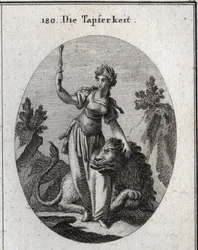 Alegoría del valor, coronada con laurel, acaricia a un león domesticado por ella. El alto cetro significa que su coraje la hace digna de mando. Grabado en “Iconologie oder Ideen aus dem Gebiete der Leidenschaften und Allegorien bildich dargestellt fur Zeic