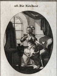 Alegoría de la vanidad. Deseando agradar y ser considerada, se representa frente a su tocador halagándose frente al espejo con un corazón en la mano. Grabado en "Iconologie oder Ideen aus dem Gebiete der Leidenschaften und Allegorien"