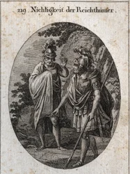 Alegoría de la vanidad de las riquezas: el emperador Constantino el Grande traza en la tierra con su lanza un cuerpo humano y dice 