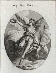 Alegoría de la victoria. Ella tiene alas y sostiene una palma y una corona de laurel. Grabado en “Iconologie oder Ideen aus dem Gebiete der Leidenschaften und Allegorien bildich dargestellt fur Zeichner, Mahler, Dichter, Gelehrte, Erzieher und freunde Hohe