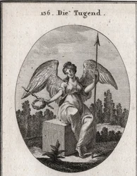 Alegoría de la virtud. El cubo de mármol sobre el que se sienta desea la solidez, y sus alas extendidas significan que se eleva por encima de lo vulgar. Grabado en “Iconologie oder Ideen aus dem Gebiete der Leidenschaften und Allegorien bildich dargestellt