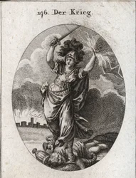 Alegoría de la guerra. Ella sostiene un rayo y una espada desnuda y rompe bajo sus pies jarrones de oro y plata y una estatua del dios Plutus que está simbolizada por un cuerno de la abundancia y una venda. Al fondo, las murallas de una ciudad en ruinas. G