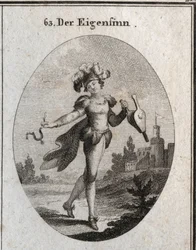 Alegoría del capricho. Su traje y plumas marcan la inconstancia de las fantasías del caprichoso. El fuelle y la espuela que sostiene muestran que alaba tanto la virtud como el vicio indiferentemente. Grabado en “Iconologie oder Ideen aus dem Gebiete der Le