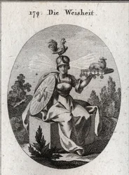 Alegoría de la sabiduría. Su vestimenta y sus armas blancas definen su fuerza y pureza. El gallo en su casco es el símbolo de su inteligencia y vigilancia. Los rayos de luz que salen de sus sienes significan dignidad y santidad. El firme libro de siete