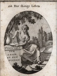 Alegoría de la vida laboral sentada a la sombra de una vid. Se la representa preparándose para comer junto a un estanque y meciendo con el pie a un niño. A su lado se colocan instrumentos de labranza. Grabado en «Iconologie oder Ideen aus dem Gebiete der