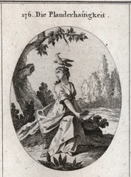 Alegoría de Babilonia. Su vestimenta está llena de cigarras y lenguas. Su atributo es el cuervo. Grabado en “Iconologie oder Ideen aus dem Gebiete der Leidenschaften und Allegorien bildlich dargestellt”.