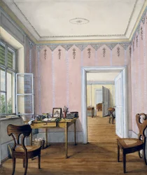 Interior estilo Biedermeier, circa 1840, acuarela, Austria
