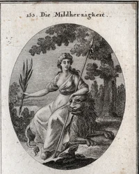 Alegoría de la clemencia. Ella está representada sosteniendo una lanza y una rama de olivo para indicar que tiene el poder de castigar pero también de perdonar. El león es el atributo de la generosidad. Grabado en "Iconologie oder Ideen aus dem Gebiete der