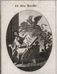 Alegoría del crédito que sostiene un libro con la inscripción «Solutus omni foenore», libre de todo interés. Al fondo, un grifo, símbolo de la salvaguardia y conservación de los tesoros. Grabado en «Iconología o ideas del ámbito de los sufrimientos».
