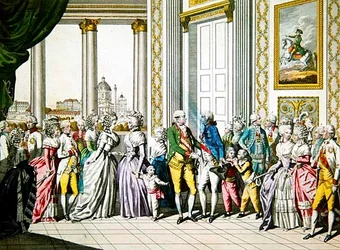 El emperador Leopoldo II y su familia dando la bienvenida a Fernando I, rey de Nápoles y Sicilia, y su familia en Viena