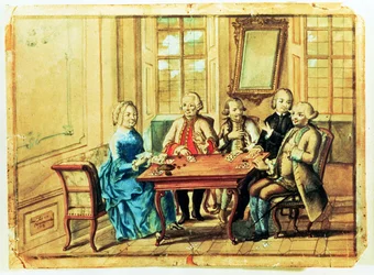 La emperatriz María Teresa de Austria jugando a las cartas con el mariscal de campo Karoly Batthyany (1698-1772), Nadasky y el mariscal de campo Leopold Joseph, Conde von Daun (1705-66), 1751