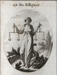 Alegoría de la equidad sosteniendo dos balanzas a la misma altura. Su atributo es el cuerno de la abundancia para mostrar que recompensa con bondad después de haber juzgado correctamente. Grabado en 