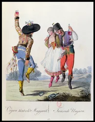 Bailarines húngaros en traje tradicional, ilustración de un libro Costumes de Pannonie por J.H. de Bikkesy, publicado en Viena, 1810