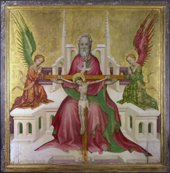 ""La Santísima Trinidad y Cristo Crucificado"" Pintura de la Escuela Austriaca, Circa 1410 Dim 118,1 x 114,9 cm London National Gallery